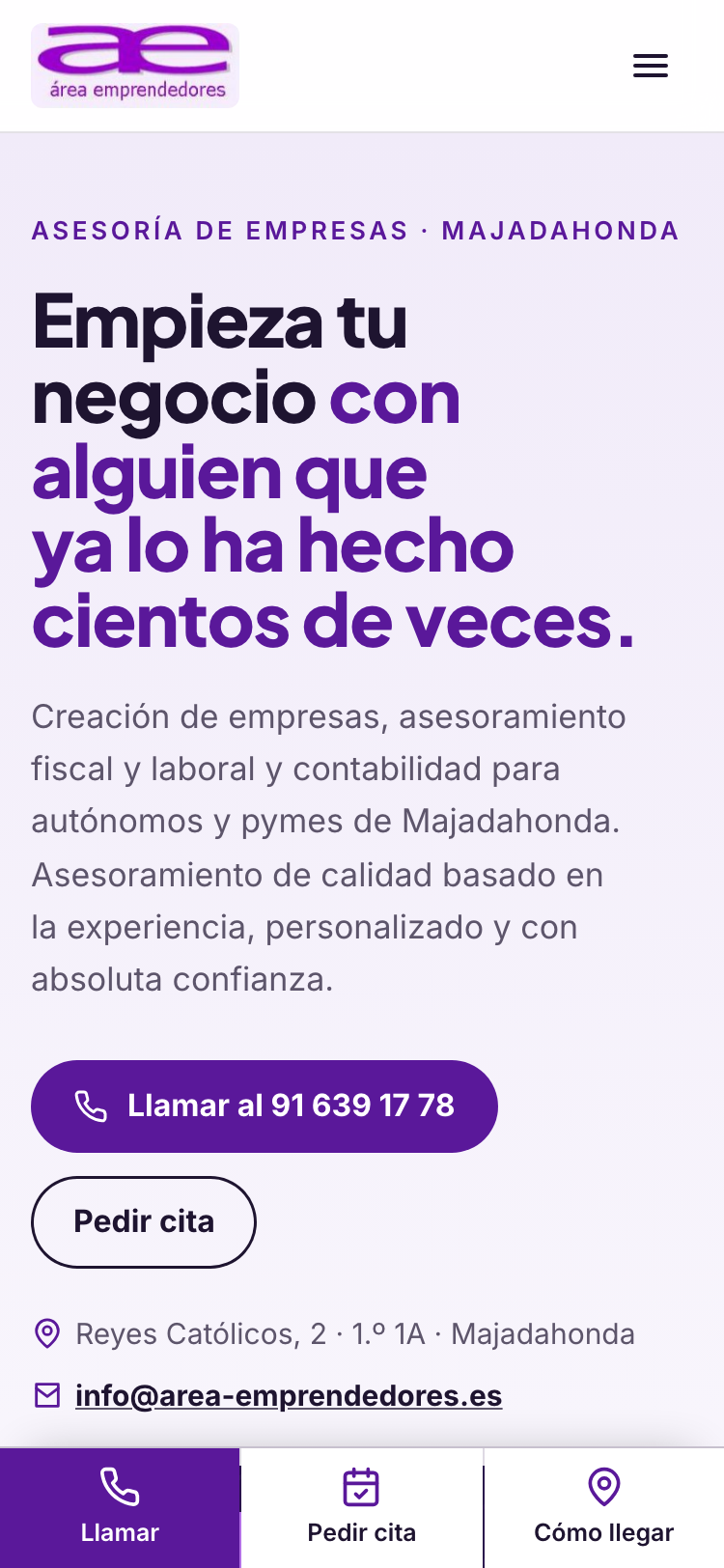 Captura de la web nueva de Área Emprendedores en un móvil